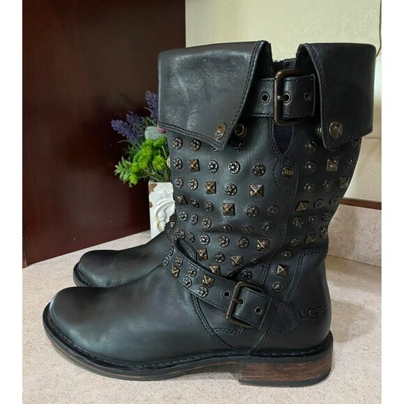 UGG Conor Studs Black Leather Mid-Calf Boots Womens Size 9 With Decorative Studs - Picture 1 of 11